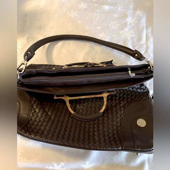 JM Convertible Handbag 3 Ways to Wear Brown Woven Vegan Leather Gorgeous - Picture 9 of 14